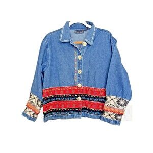 Vintage Denim Jean Jacket New Directions Multicolor Embroidered Boho Aztec